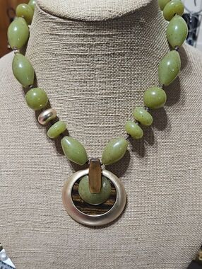 Chico's Olive Green Beaded Necklace with Gold-Tone and Wood Accent
